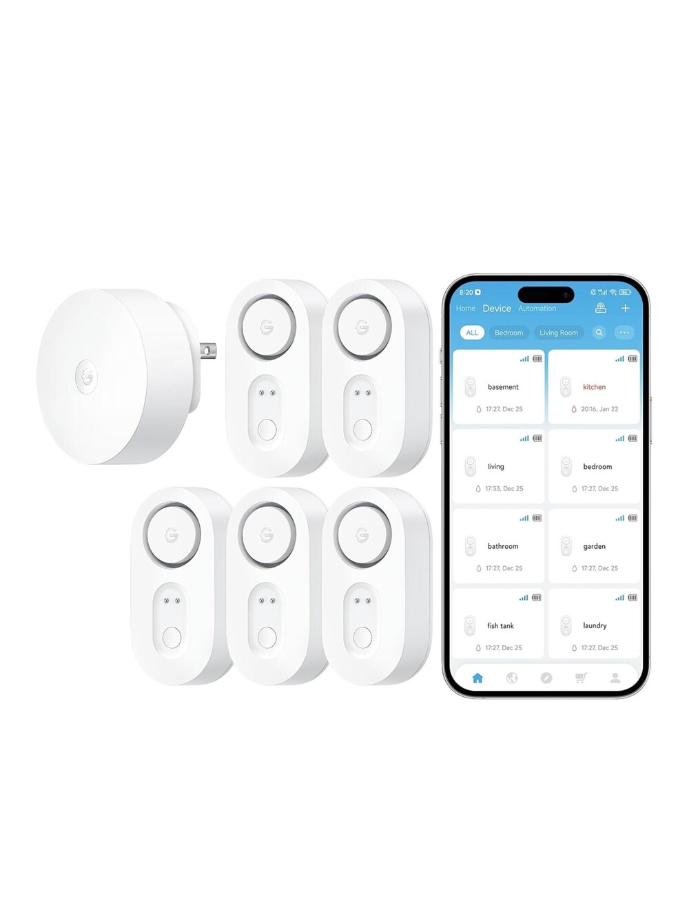 GoveeLife Upgraded Smart Water Leak Detector High Alarm 5 Pack Ultra-Long Range